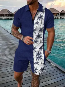 Trendy Men's 2-Piece Navy Palm Tree Set, Quarter-Zip Polo Shirt & Shorts, Tropical Vacation Matching Outfit for Street Style & All-Day Daily Wear #MensStreetwearSet #TropicalAestheticFashion #VersatileVacationSet