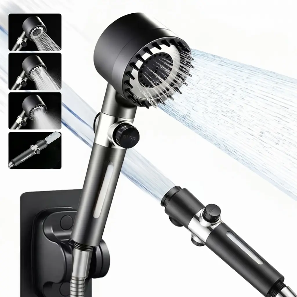 Filtered High-Pressure Handheld Shower Head Set with Filtration, 4 Multi-Mode Spray Settings, G1/2 Thread, Silicone Tips & Massage Brush, Hose, Wall Seat, Anti-Itch, Impurity-Removing Bathroom Essential for Households (Easy Operation)