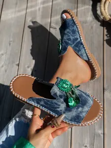 New Retro Style Denim Casual Sandals, Distressed Denim Upper with Fringe Decor, Flat Soft Sole, Comfortable All-Season Slip-On Footwear