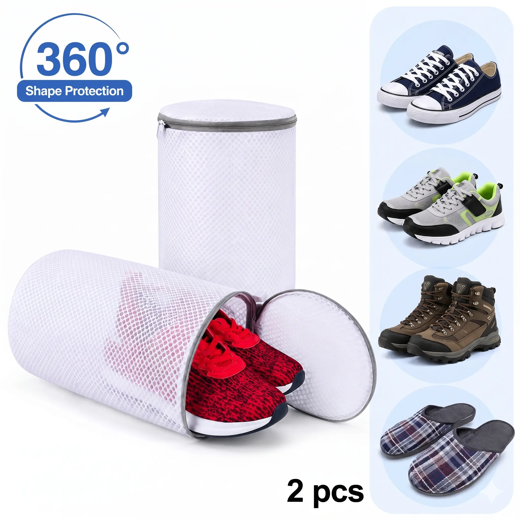 2 Pack Shoe Washing Bags for Washing Machine, 360° Protective Thick Mesh Laundry Bags with Zipper for Sneakers, Running Shoes, Slippers & Boots, Reusable Shoe Wash Organizer, White