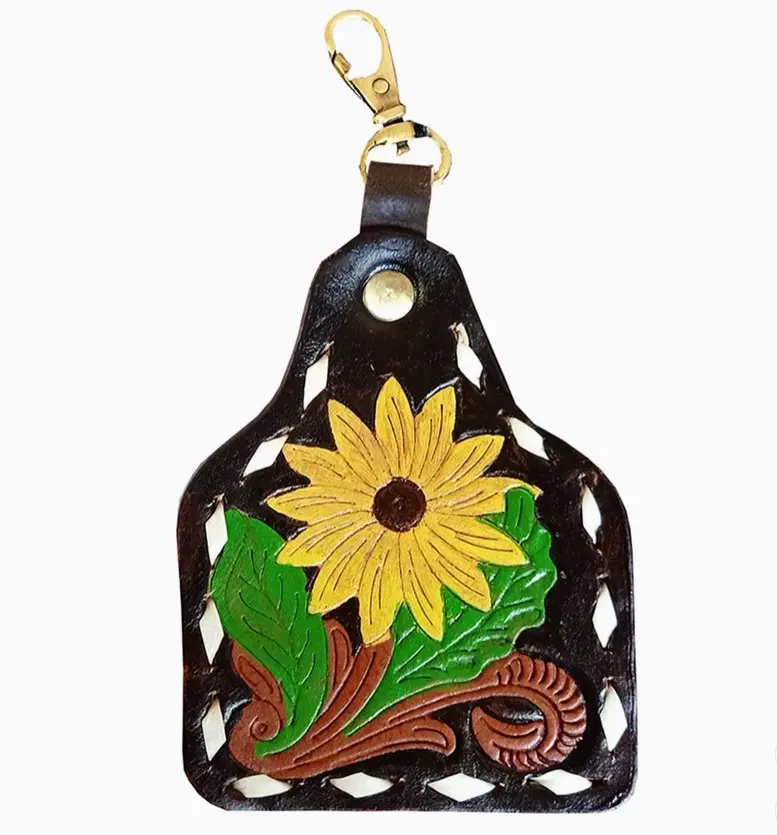 Sunflower Floral Genuine Leather Handmade Western Southwestern Keyring Keychain