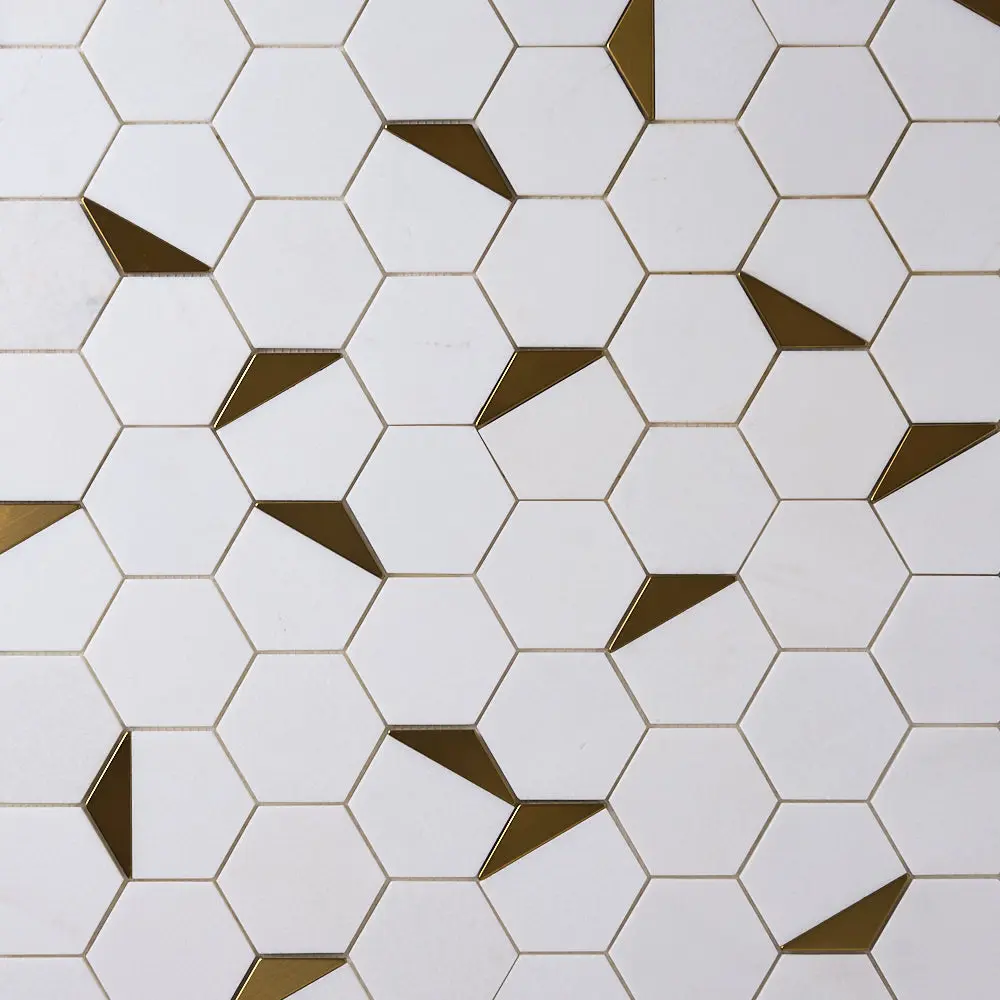 Glam Thassos White + Gold Brass 12x13 Glossy Hexagon Marble Tile Sample