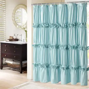 HIG Chic Ruffled Fabric Shower Curtain, French Country Floral Microfiber Bath Curtain for Guest Bathroom, 1 PC Flower Butterfly Washable