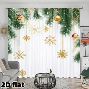 2D Flat 2Pcs Christmas Snowflake Pine Tree Pattern Curtains, Gold Ornament Balls Print, Rod Pocket Design, Semi Sunshade Polyester, Perfect for Living Room Bedroom Kitchen Window Decor, Holiday Theme Treatment, Home Decoration Curtain