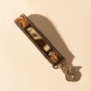 Myra Hide Inlay Western Key Fob in dark brown with hairon detail