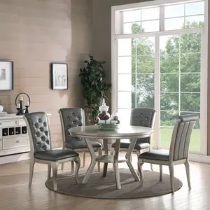 5-Piece Round Dining Table Set – Silver Hue with Tufted Chairs