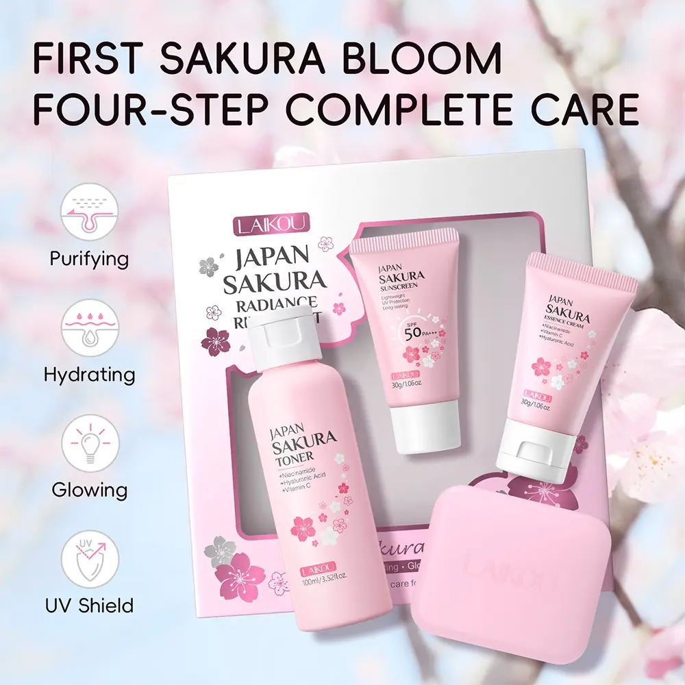 Laikou Sakura Set 4-Piece Complete Care Kit, Cleanser + Essence Water + Sunscreen + Moisturizer, Travel Friendly, Hydrating, Affordable Daily Care