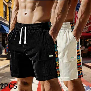 Men’s corduroy drawstring shorts, two pack, American streetwear style with geometric side print, retro casual design, adjustable drawstring waistband, large pocketed front, suitable for men who appreciate a vintage look and enjoy going out in everyday lif