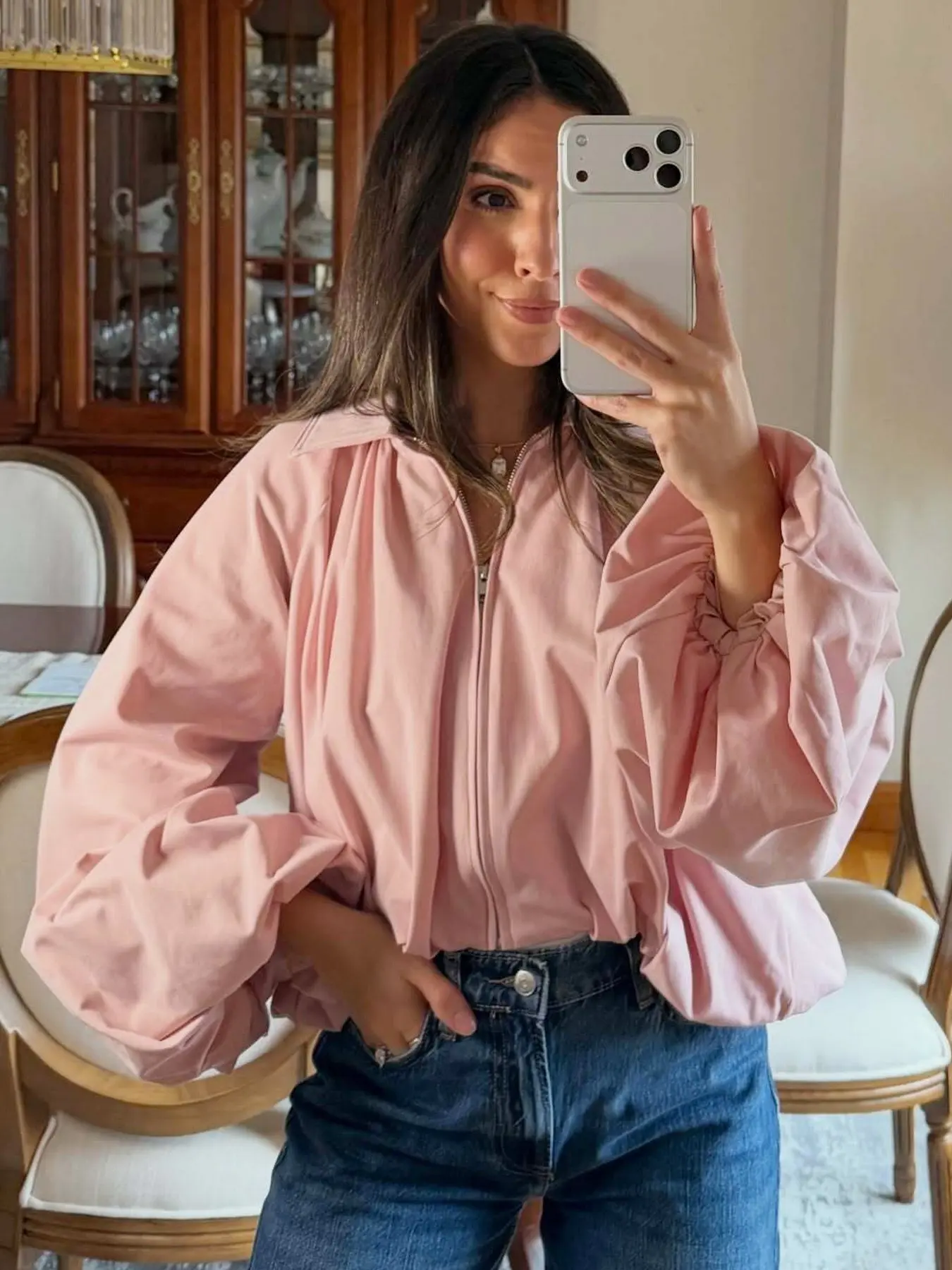 Casual Pink Oversized Cropped Coat Womenswear Women's Bomber Jacket Spring Autumn 2026 Elegant Pleated Lantern Sleeve Zip Up Lapel Collar Outerwears Casual Fashionable Outerwear New Fashion Streetwear Jackets