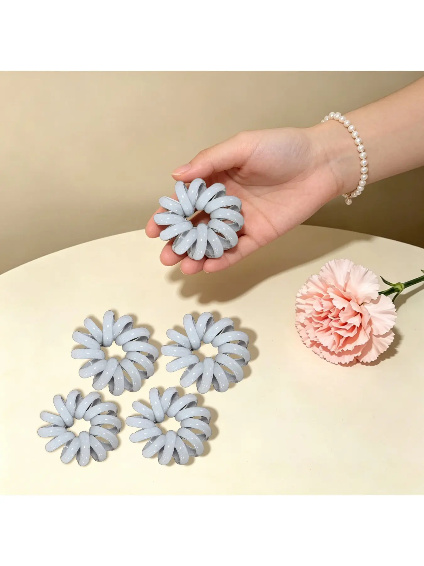 5Pcs women's hair accessory white gray telephone wire spiral hair loop suitable for tying coarse and fine hair, waterproof, durable, no pressure marks, high elasticity hair loop suitable for daily leisure travel and gift giving Scrunchies