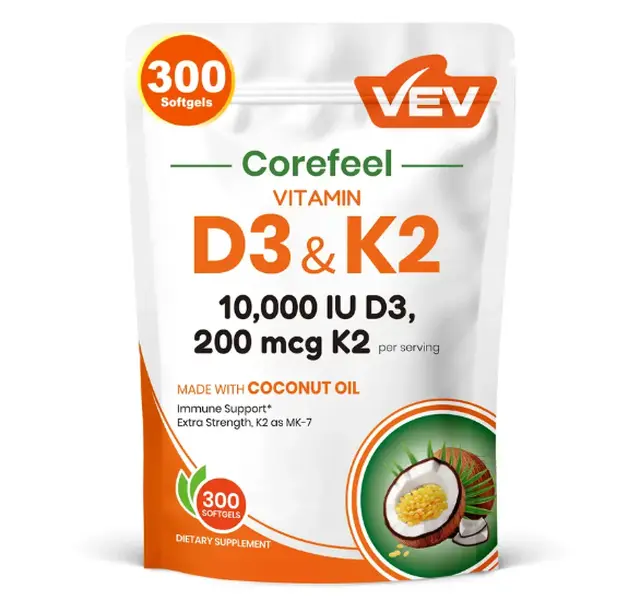 VEV Corefeel Vitamin D3 K2 10000 IU, 300 Virgin Coconut Oil Softgels, 2 in 1 Vitamins Supplement D & K, Dietary Supplemental Pack, gift, Summervibes, NSF Certified