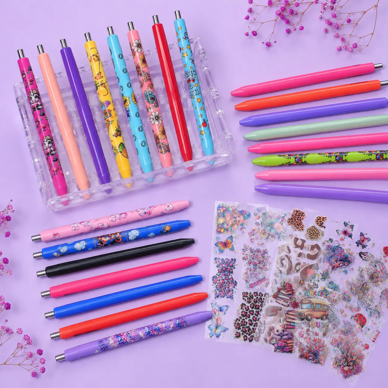198pcs/98pcs/54pcs Colorful Clipless Plastic Pen Stickers Set for DIY Craft Includes 48 Pens & 50 Cartoon UV Stickers Perfect for Creative Projects