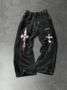 Men's Casual Loose Cotton Sport Pants, Dark Floral Print, Drawstring Waist, Long Regular Fit, Street Style, All Seasons, Ideal Gift