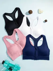 4 Pcs Women's Solid Hollow Out Racerback Zip Front Bra, Breathable Scoop Neck Wireless Bra, Bralette Lingerie for Women