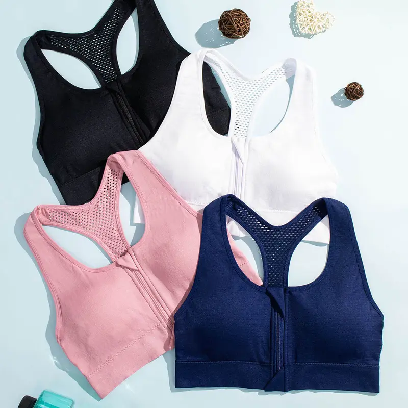 4 Pcs Women's Solid Hollow Out Racerback Zip Front Bra, Breathable Scoop Neck Wireless Bra, Bralette Lingerie for Women