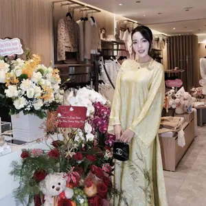 Sét áo dài gấm nha xá vàng ánh kim  kèm quần xanh- Vietnamese Traditional dress