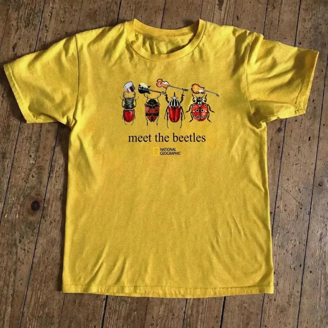 Meet The Beetles Funny Bug Band T-Shirt - Vintage Yellow Graphic Tee Music Pun Insect Print Unisex Shirt