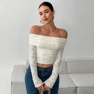 Women Off Shoulder Tops for Women Mesh Long Sleeve Floral Lace Slim Fit Blouses Shirts Going Out Fall Clothes