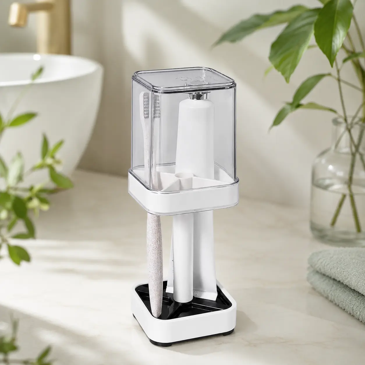 Toothbrush holder with cover Multifunctional Bathroom toothbrush holder, Three-Slot Toothbrush Holder with Cup Cover, Drainable Base Bathroom Toothpaste Toothbrush Holder for Indoor Vanity