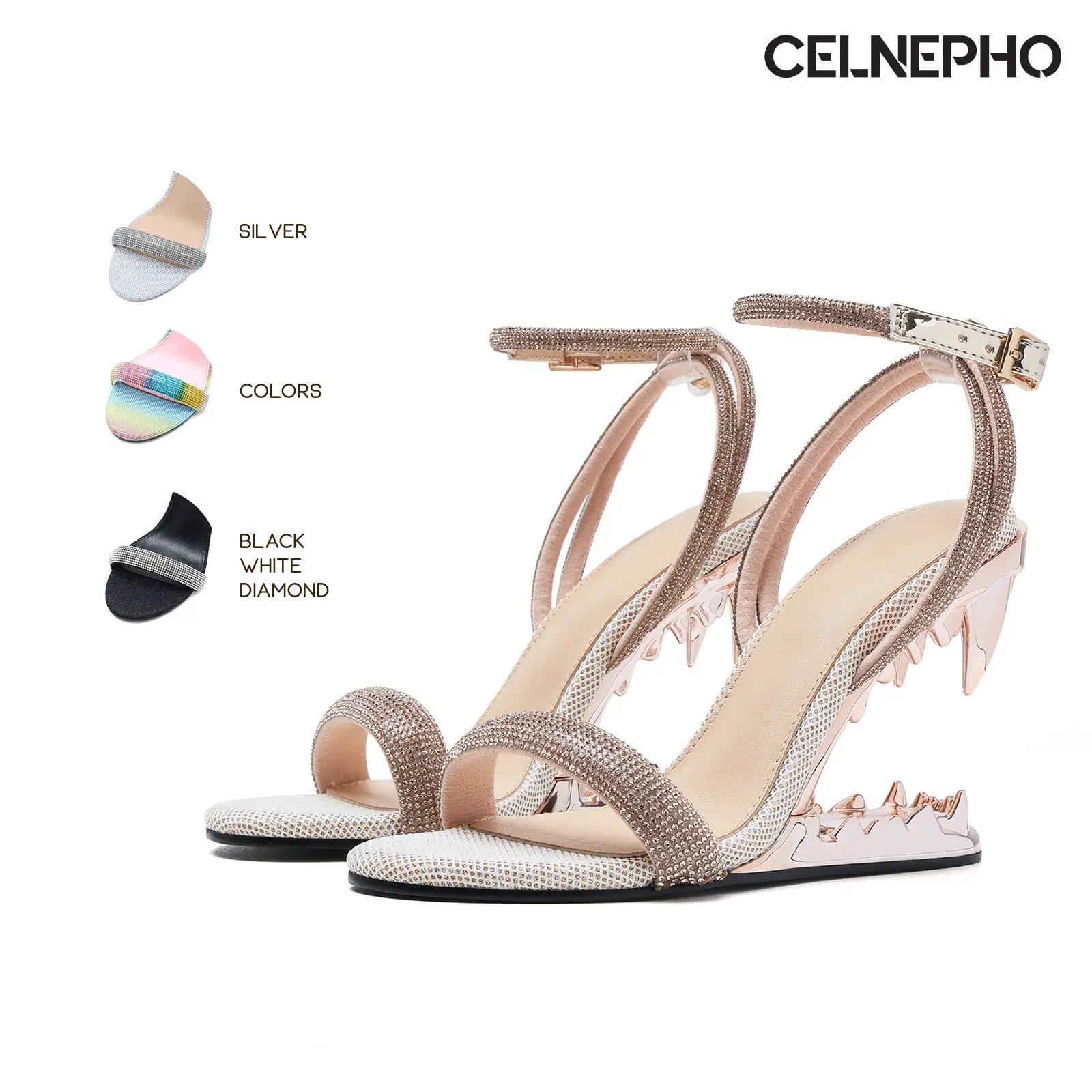 CELNEPHO Womens Morso Rhinestone Ankle Strap Mule Heels Tiger Teeth Shark Heel Open Toe Metallic Heeled Sandals Adjustable One Strap Comfy Easy Slip On Party Wedding Dating Work Casual Gifts Outings Holiday Dressy Fashion Shoes for Ladies
