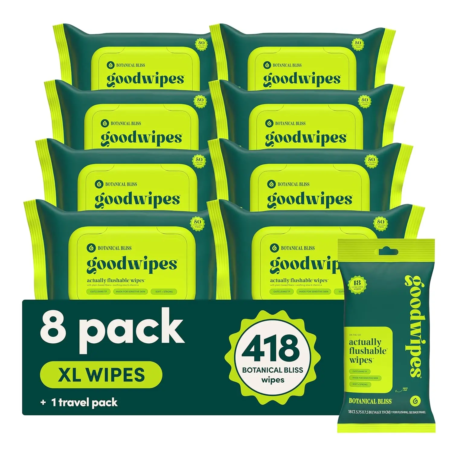 Absorbent Vitamin E + Aloe Adult Flushable Wet Wipes - Sewer & Septic Safe, Extra Large, Women's Bathroom Essential, 418 Count (8 Packs + 1 Travel Pack)