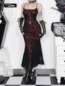 Women's Halloween All Over Floral & Cross Jacquard Bow Front Semi-sheer Lace Cami Dress, Punk Fashion Sleeveless Spaghetti Strap Midi Dress for Party Holiday, Ladies Clothes for All Seasons