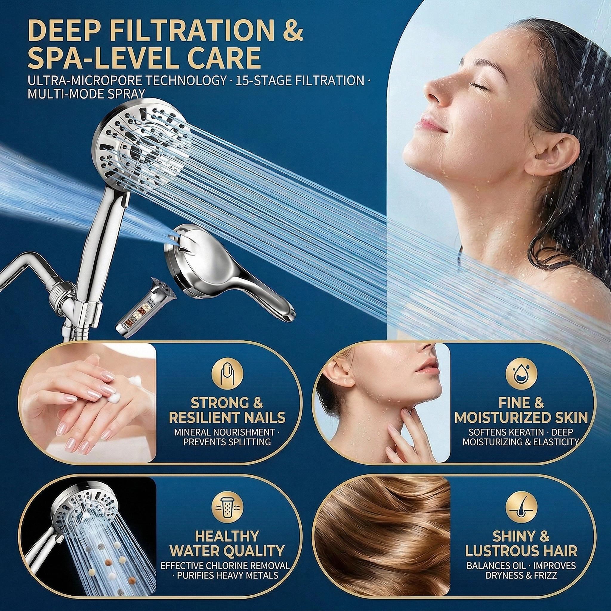 Shower head, 10 functions high-pressure shower head, built-in water quality purification filter core, no clogged nozzles with high-flow handheld, 5-inch shower head, leak-proof, 4.92 feet (approximately 1.5 meters) stainless steel hose and metal bracket