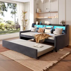 [Bellemave]Twin Size Daybed with Trundle, Upholstery Daybed with LED Light & Charging Station, Velvet Day Bed with Wood and Metal Frame