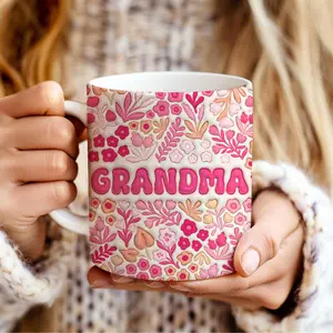 Pink Boho Floral Grandma 3D Print Mug, 3D Floral Grandma Coffee Mug, Grandma Gift For Christmas, Birthday, Mother's Day, Ceramic 11oz 15oz Mug, Dishwasher Microwave Safe