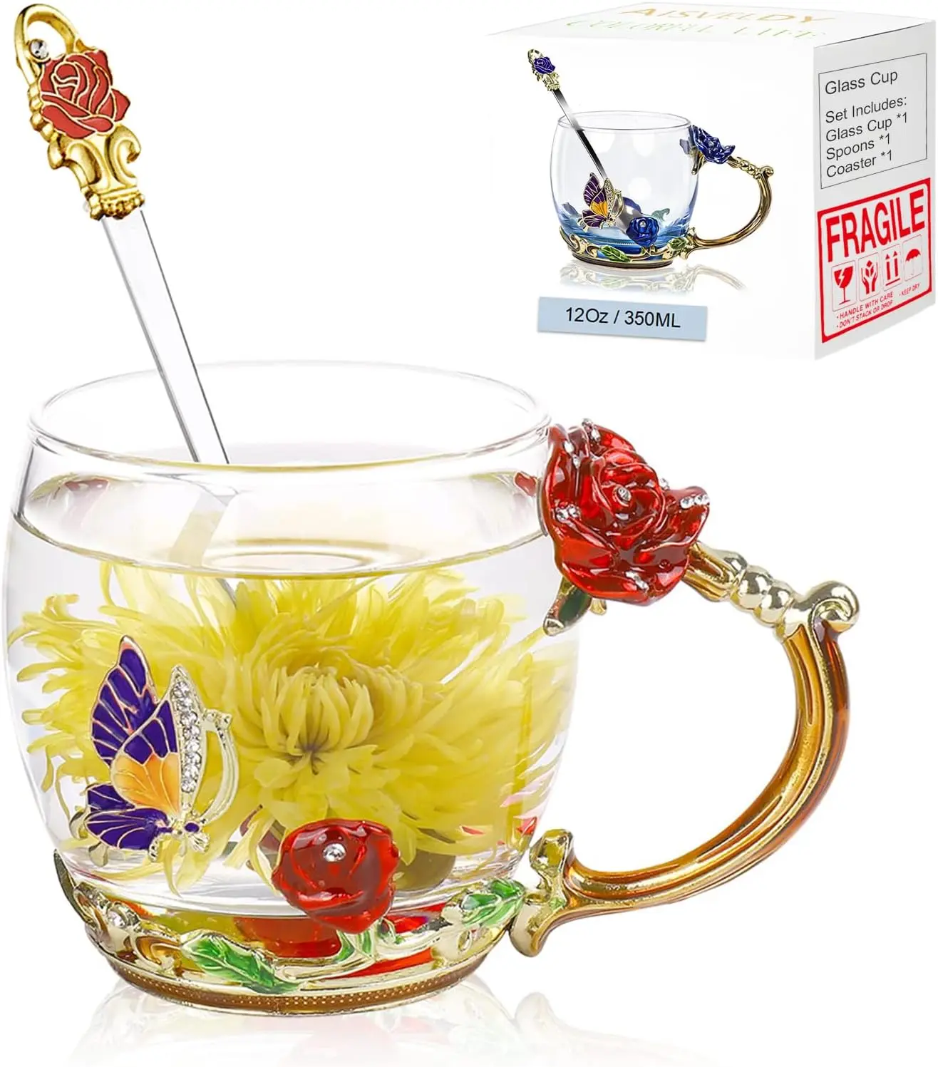 Gifts for Mom Women - Rose Enamels Mug Tea Cup with Tea Spoon - Non-Customised Drinkware for Valentine's Day, Birthdays & More - Tumbler