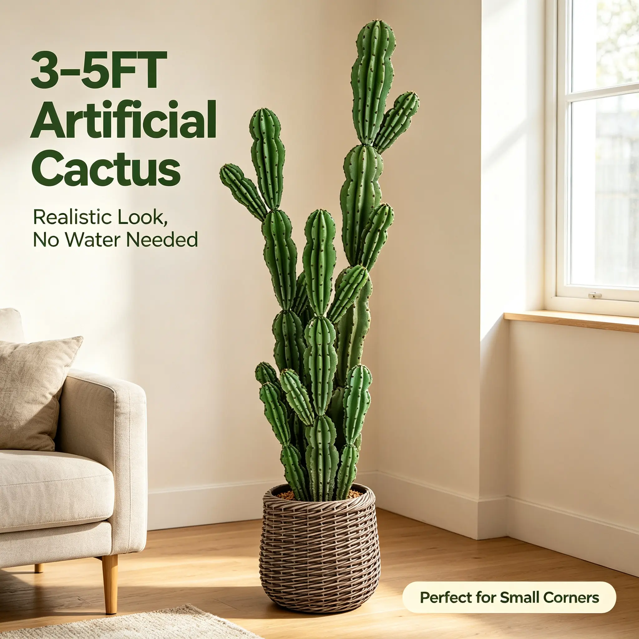 No Water Needed 3-5FT Tall Artificial Saguaro Cactus Plant, Realistic Fake Cactus with Woven Planter, No Maintenance Faux Desert Plant for Indoor Home Corner Decor white pot tree gift artificialplants