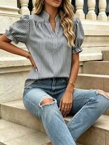 Spring Summer French Style Chic Striped Ruffled Short Sleeve Shirt, Stand Collar Half Open Front, Casual Fitted Top, Comfortable Basic Wear