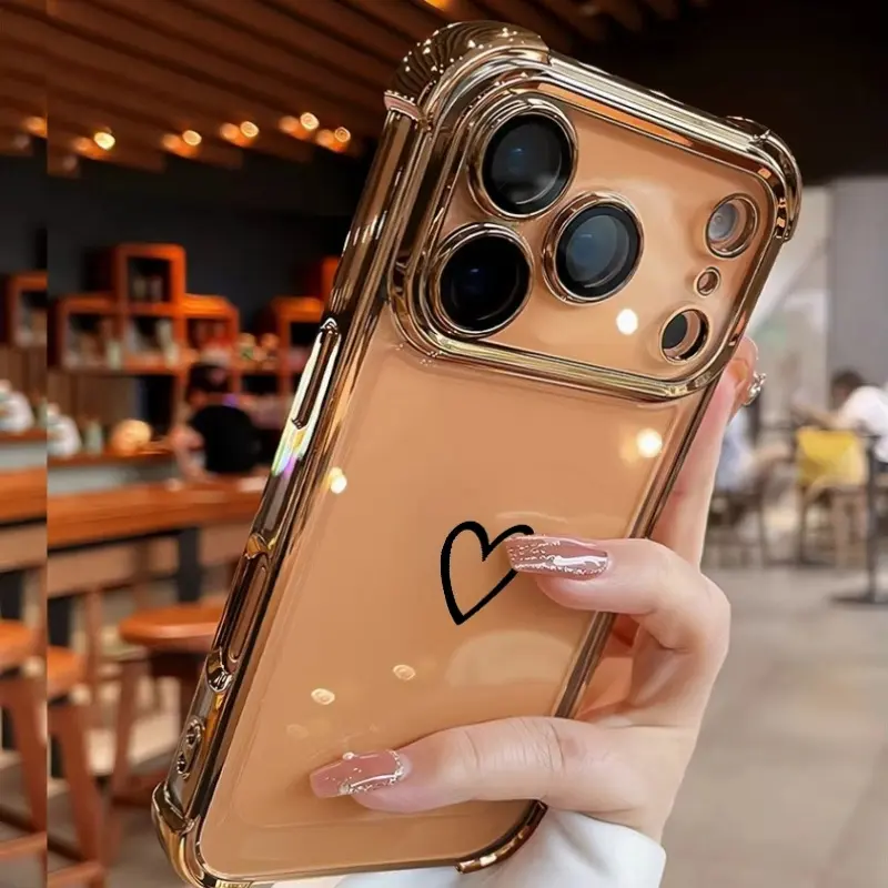 Black Love Thick Electroplated 4-Corner Border iPhone Series Protect Cover, Drop Proof Phone Case with Anti-Fall Cushion, 2D Printing, Grip with Ease & Yellowing Resistance for iPhone 17 Air,16,15,14,13,12,11 Pro Max Plus