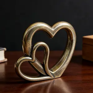 Vintage Brass Heart Fusion Ornament, European Aged Texture Heart Desktop Decor, Valentine's Day Wedding Anniversary Gift