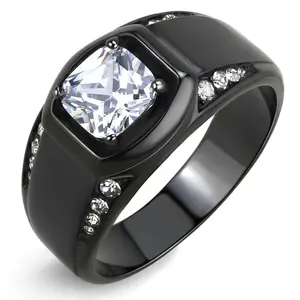 Lanyjewelry Hypoallergenic Artificial Gemstone Ring - Black IP Stainless Steel, Multi-Size, 7x7mm Cushion Cut CZ Center Stone, 2-Row Crystal Side Stones
