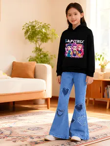 Girls Long Sleeve Hooded Sweatshirt Witch Hunter Corps Set, Graphic Casual Hoodie, Huntrix Cartoon Print, Casual Fitted Style, Perfect for School and Streetwear