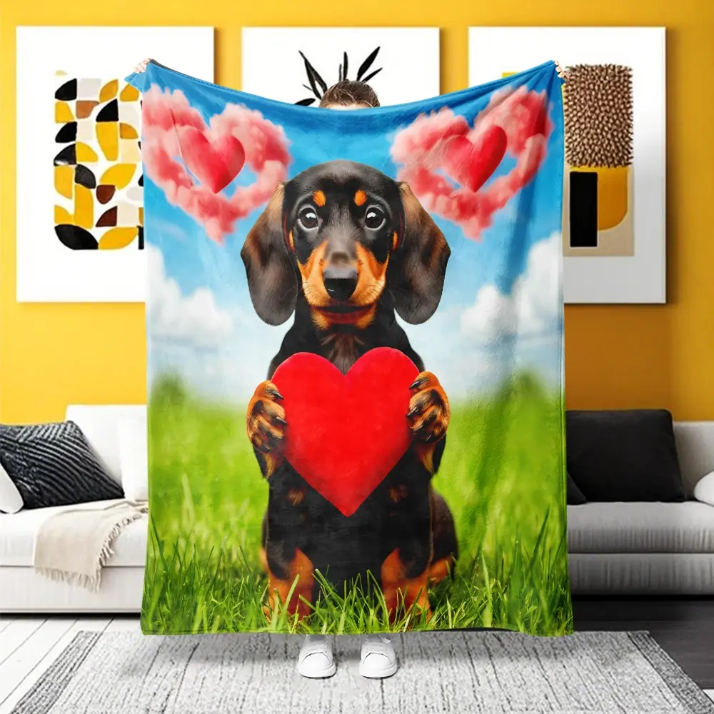 A Dachshund & Cloud Hearts Flannel Blanket - Ultra-Soft Warm Throw, Ideal for Office Naps, Home Relaxation and Camping. Adorable dachshund holding a red heart, with heart-shaped clouds on grassy background, lightweight cozy for dog lovers, all-season use.