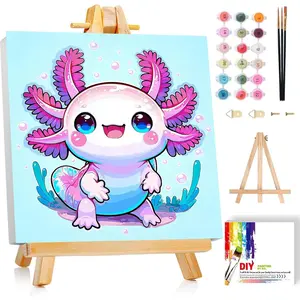 Axolotl Paint by Numbers Kit for Kids with Frame and Easel, Cute Animal Paint by Number for Kids Age 4-8-12, DIY Framed Canvas Painting, 8 x 8 Inch