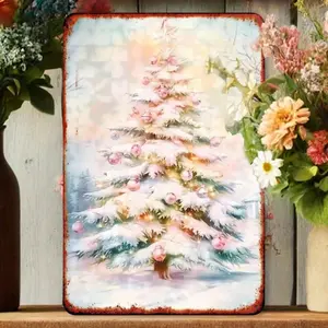 Aluminum Festive Christmas Tree Wall Sign Round Holiday Decor with Foil Embossing Bar Cafe Home Ornament for Christmas Holiday Season
