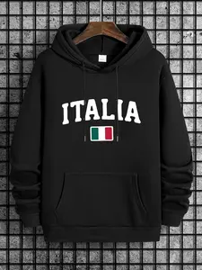 Men's Italy Flag Print Pocket Drawstring Graphic Print Hoodie, Regular Fit Casual Long Sleeve Hooded Sweatshirt, Men's Spring & Fall Clothes