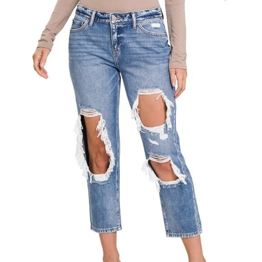 Zenana High Rise Heavy Distressed Boyfriend Denim