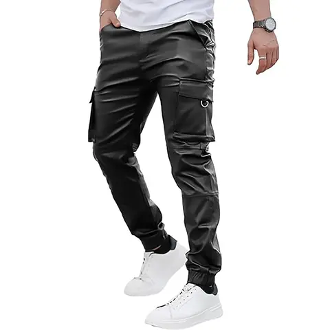 GINGTTO Men's Faux Leather Cargo Pants Casual Multi Pocket Techwear Jogger Streetwear Pants