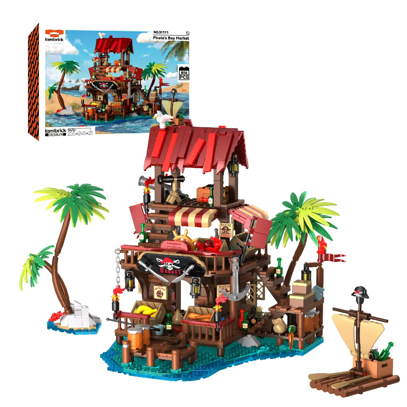 Pirate Bay Market Building Bricks Sets - 856PCS ABS Construction Pirate Harbor Market & Dock Model Kit with Rum Bottles, Parrots, Magnetic Tiles, Fun Gifts for Collectibles