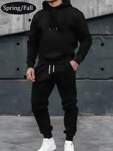 Men's spring and autumn thin personalized hoodie and sweatpants set, stylish casual men's clothing with pockets, street sports elastic waist drawstring trousers two-piece set, suitable as a gift for husband or boyfriend