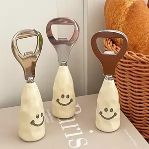 Cute Smile Beer Opener, Plastic Handle Mimicking Ceramic, Standable Wine Bottle Opener, Creative Stainless Steel Cap Remover