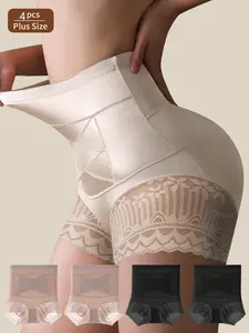 QUASTI 4-Pieces Plus Size High Elastic Ladies Lace Seamless Sexy Panties, High Waist Soft Tummy Control Hip lifting Underwear Set, Comfortable Breathable Briefs for Women Ladies, Fashionable and Elegant Solid Color Daily Panty, 0XL-4XL