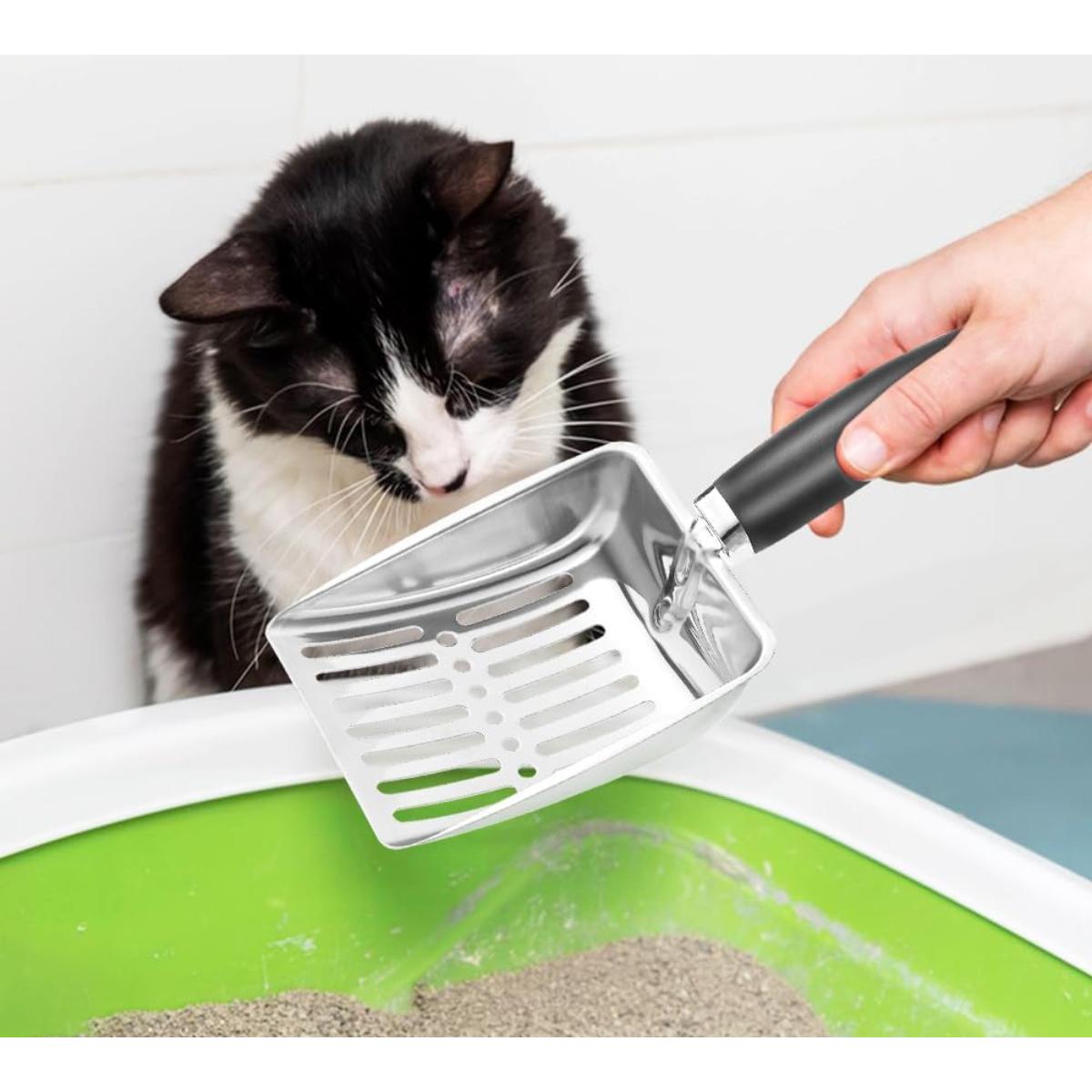 Cat Litter Scoop - Stainless Steel Metal Cat Litter Scoop-Sturdy Mesh Scooper - Mesh Shovel-Easy to Clean - Suitable for Cat Litter Box - Light Black