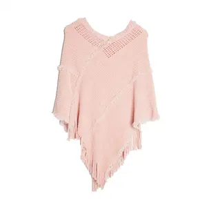 Spring Autumn Pullover Shawl Knitwear Hollow Knitting Tassel Shawl Women Poncho Lady Capes Pink Cloaks Cashmere Pashmina