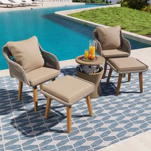 5 Pieces Patio Furniture Chair Sets, Patio Conversation Set With Wicker Cool Bar Table, Ottomans,Outdoor Furniture Bistro Sets for Porch,Backyard,Balcony,Poolside Brown