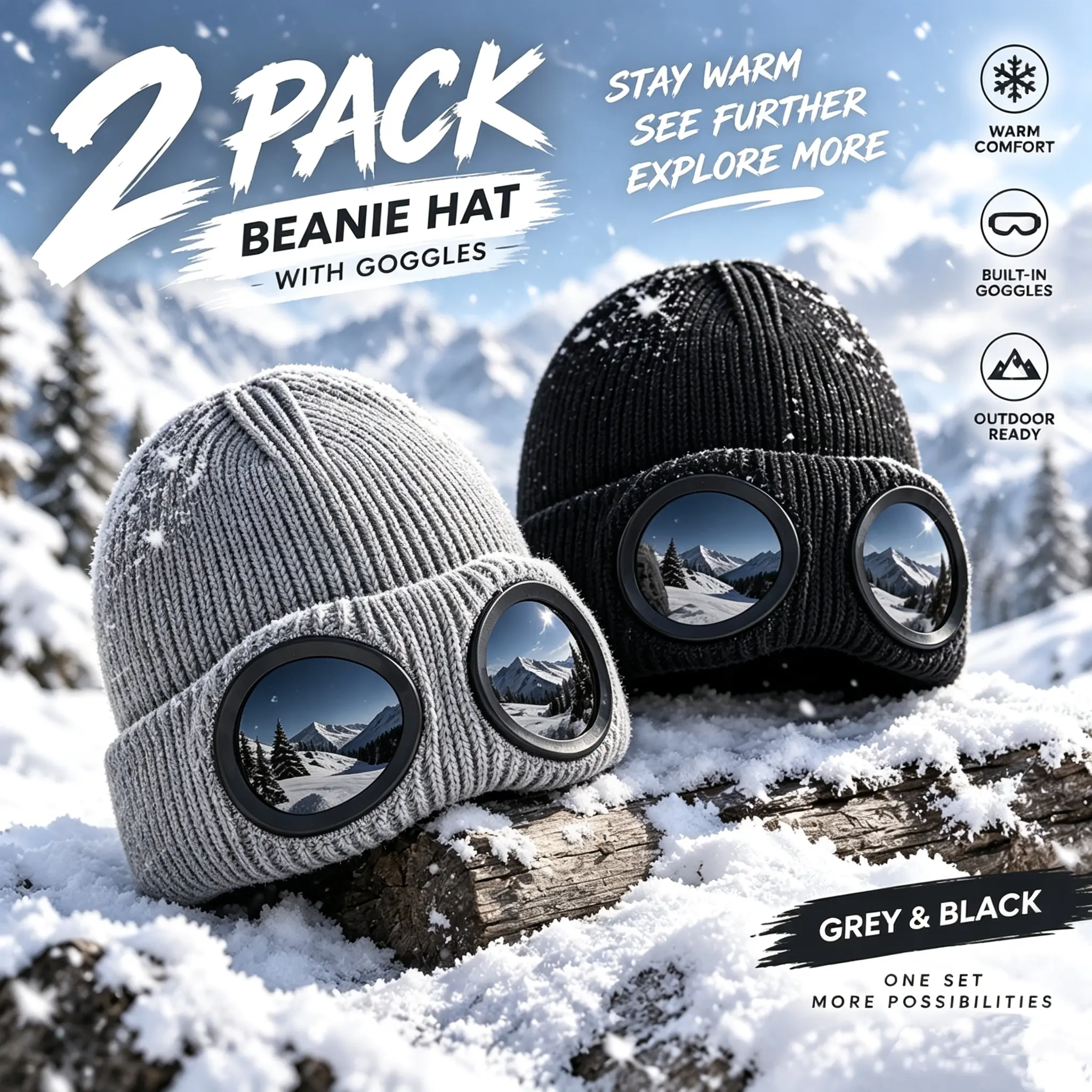 2-Pack Knit Beanie Hat with Built-In Round Lens Goggles – Grey & Black Winter Ski Beanie, Steampunk Aviator Windproof Cold Weather Hat for Men Women, Unisex Streetwear Outdoor Accessory for Skiing, Snowboarding & Halloween